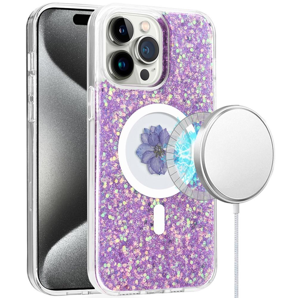 iPhone 15 Pro Real Flower Epoxy Glitter Hybrid Case – Magnetic Ring Circle Design, photo 9 of 12