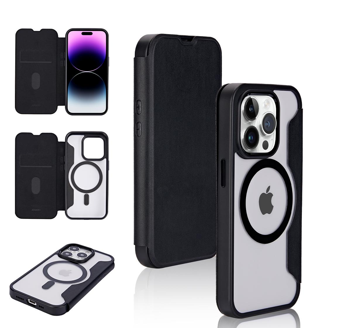 iPhone 15 METKASE Folio Transparent [Magnetic Ring] Flap Premium Hybrid Case - Black
