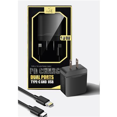 2-IN-1 18W PD Fast Type C&USB Dual Ports Wall Charger+Type C to 8 pin Cable in Black