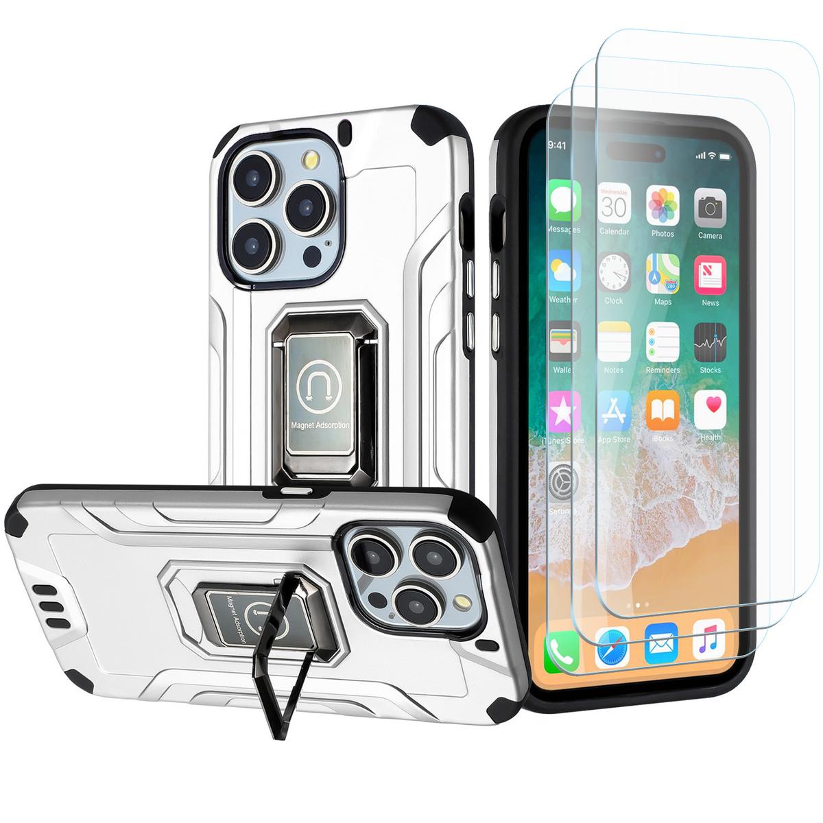 iPhone 15 Strong Tough Metallic Design Hybrid Premium Kicstand + 3X Tempered Glass - Silver