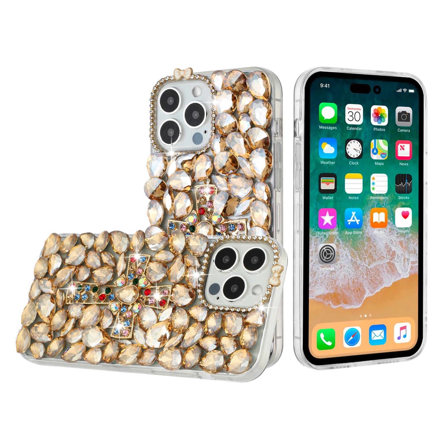 iPhone 15 Cross Full Diamond Bling Case Cover - Gold