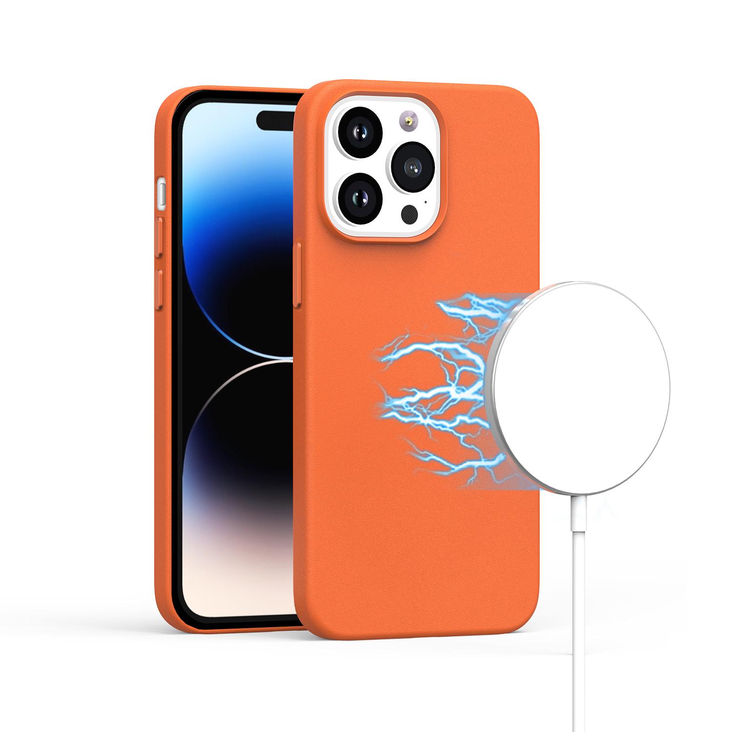 iPhone 15 PU Leather with inner [Magnetic Circle] Colored Metal Buttons - Orange