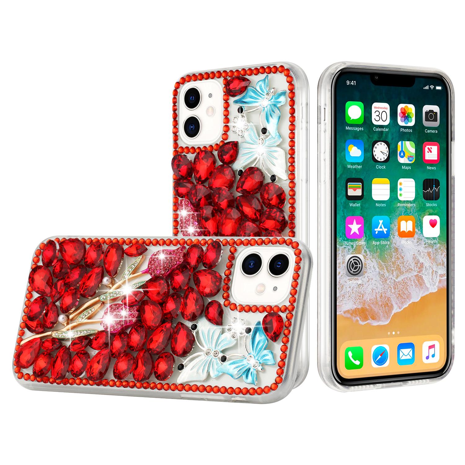 iPhone 15 Full Diamond with Ornaments Case Cover - Red Exquisite Garden