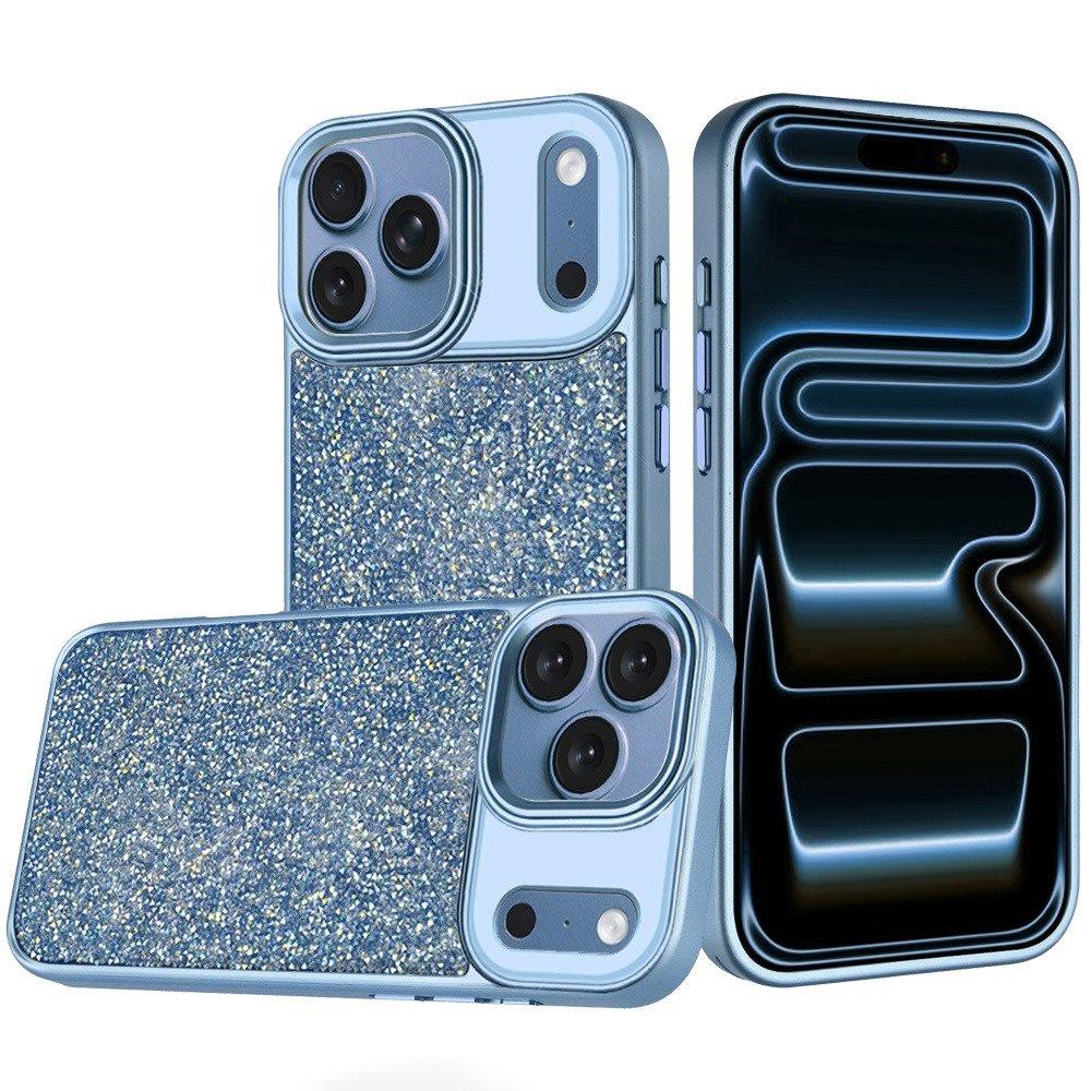 Apple iPhone 18 Pro Max Crystal Glass Diamond with Metallic Buttons and Edges Hybrid Case - Light Blue