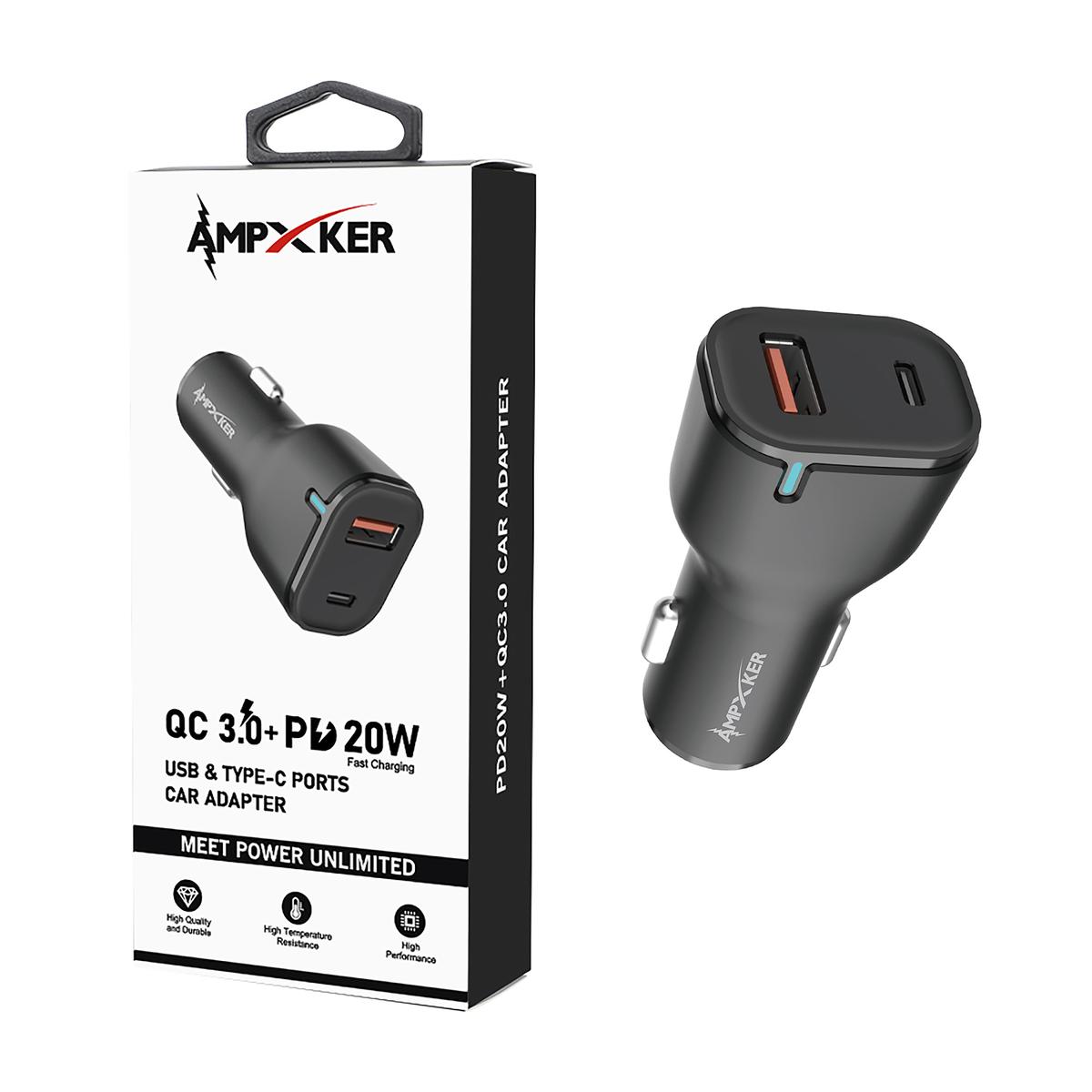 CAR - USB & Type C - Dual Port - Adapter - QC 3.0 Amp + PD 20W - Black