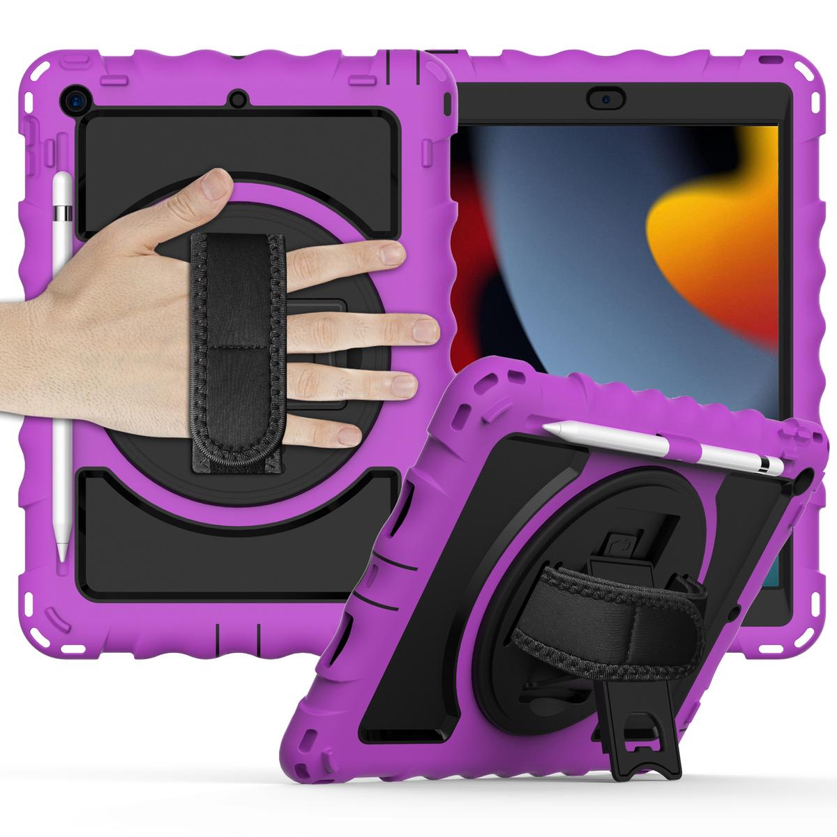 Apple iPad 9th 8th 7th Gen 10.2 inch Tablet Complete 360 Tough Hybrid Kickstand with Shoulder Hand Strap - Purple