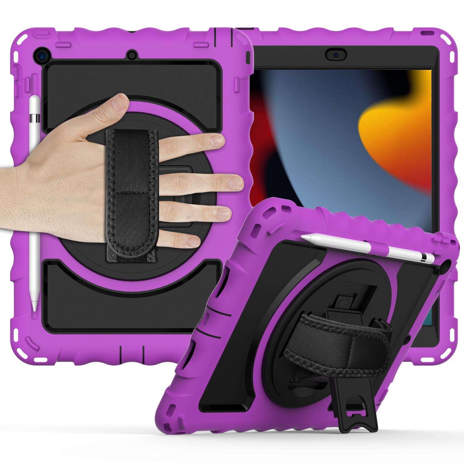 Apple iPad 9th 8th 7th Gen 10.2 inch Tablet Complete 360 Tough Hybrid Kickstand with Shoulder Hand Strap - Purple