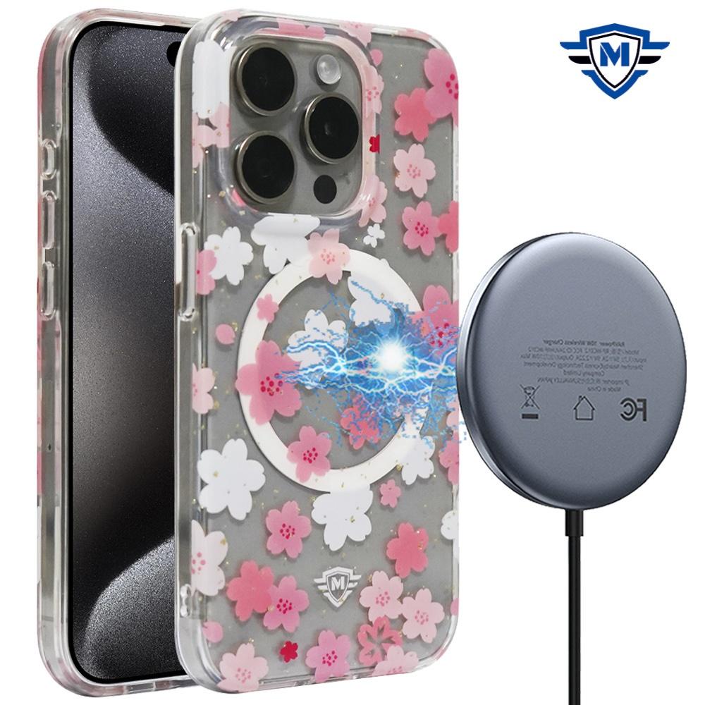 iPhone 15 METKASE Floral Design [Magnetic Circle] Transparent Hybrid - Oriental Cherry Blossom