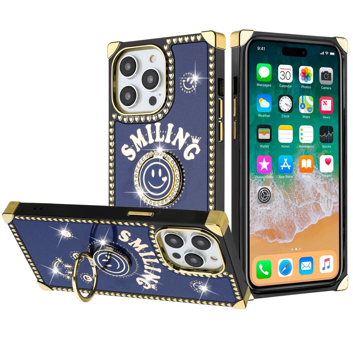 iPhone 15 Passion Square Hearts Smiling Diamond Ring Stand Case Cover - Blue