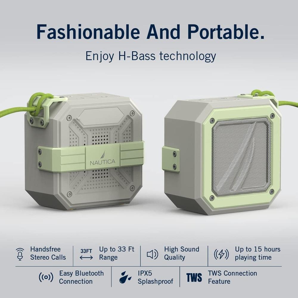 Nautica Bluetooth Portable Speaker, Waterproof Wireless Speaker, Outdoor Speaker, Bluetooth Patio Speakers, Loud Sound, Clear Audio, USB Drive, 15-Hour Playtime (Off White-Green)