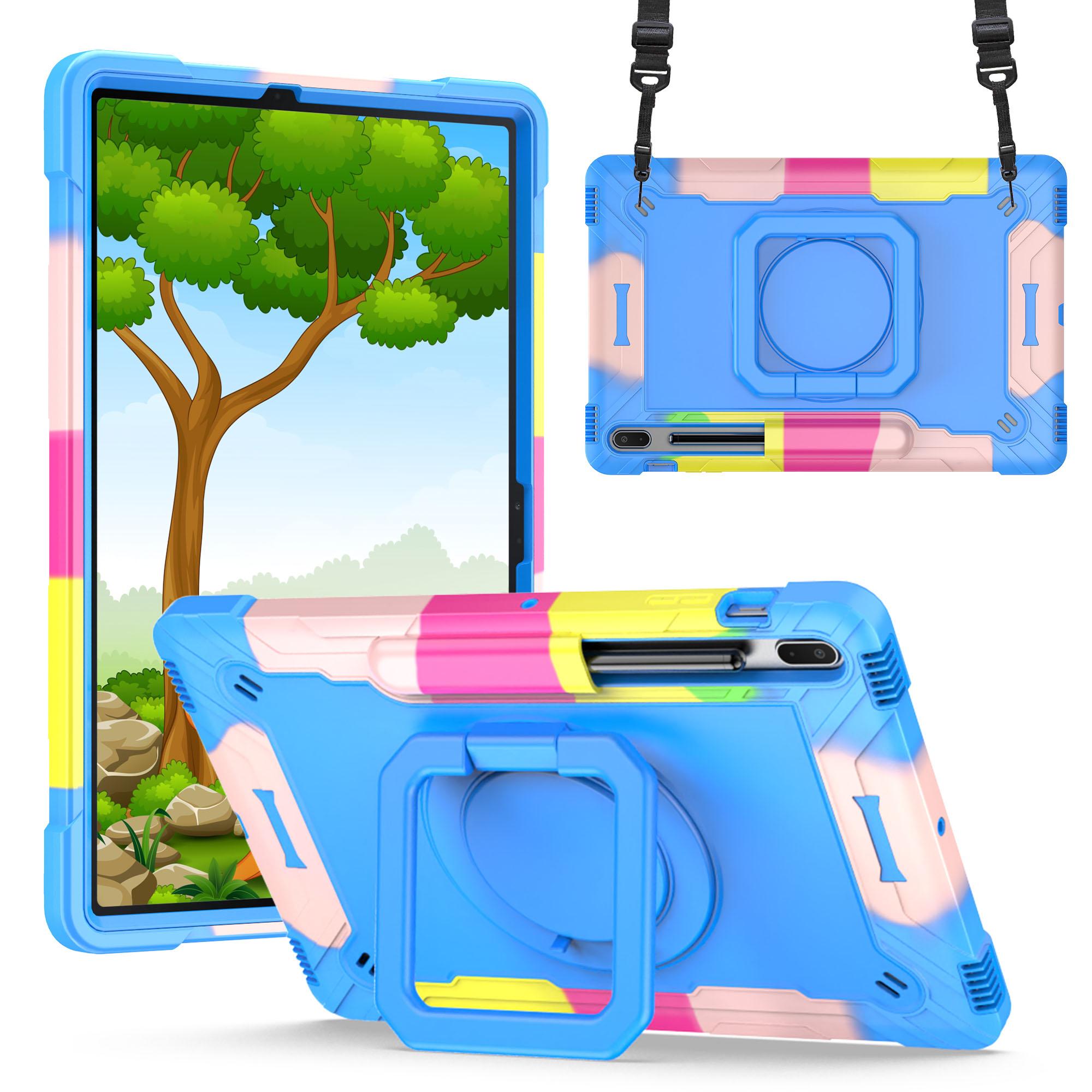 Samsung Tab S8 Plus / S7 Plus / S7FE Tablet Tough Hybrid Rotating 360 Degree Kickstand - Rainbow/Blue