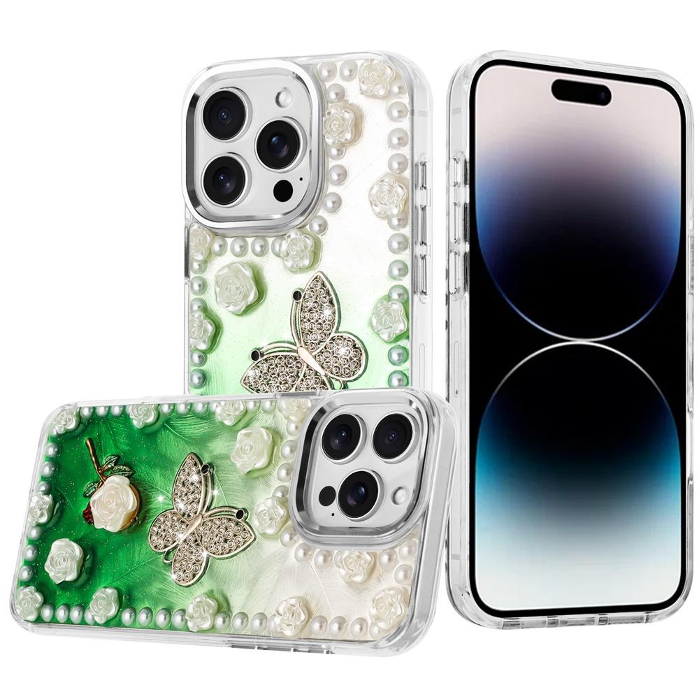For iPhone 14 PRO MAX 6.7" Pearls Epoxy Glitter Ornaments Design Chrome Edged Case - 6