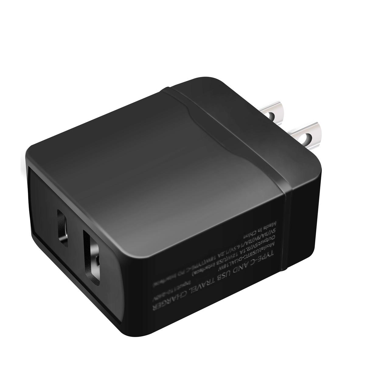 2-IN-1 18W PD Fast Type C&USB Dual Ports Wall Charger+Type C to 8 pin Cable in Black, photo 2 of 5