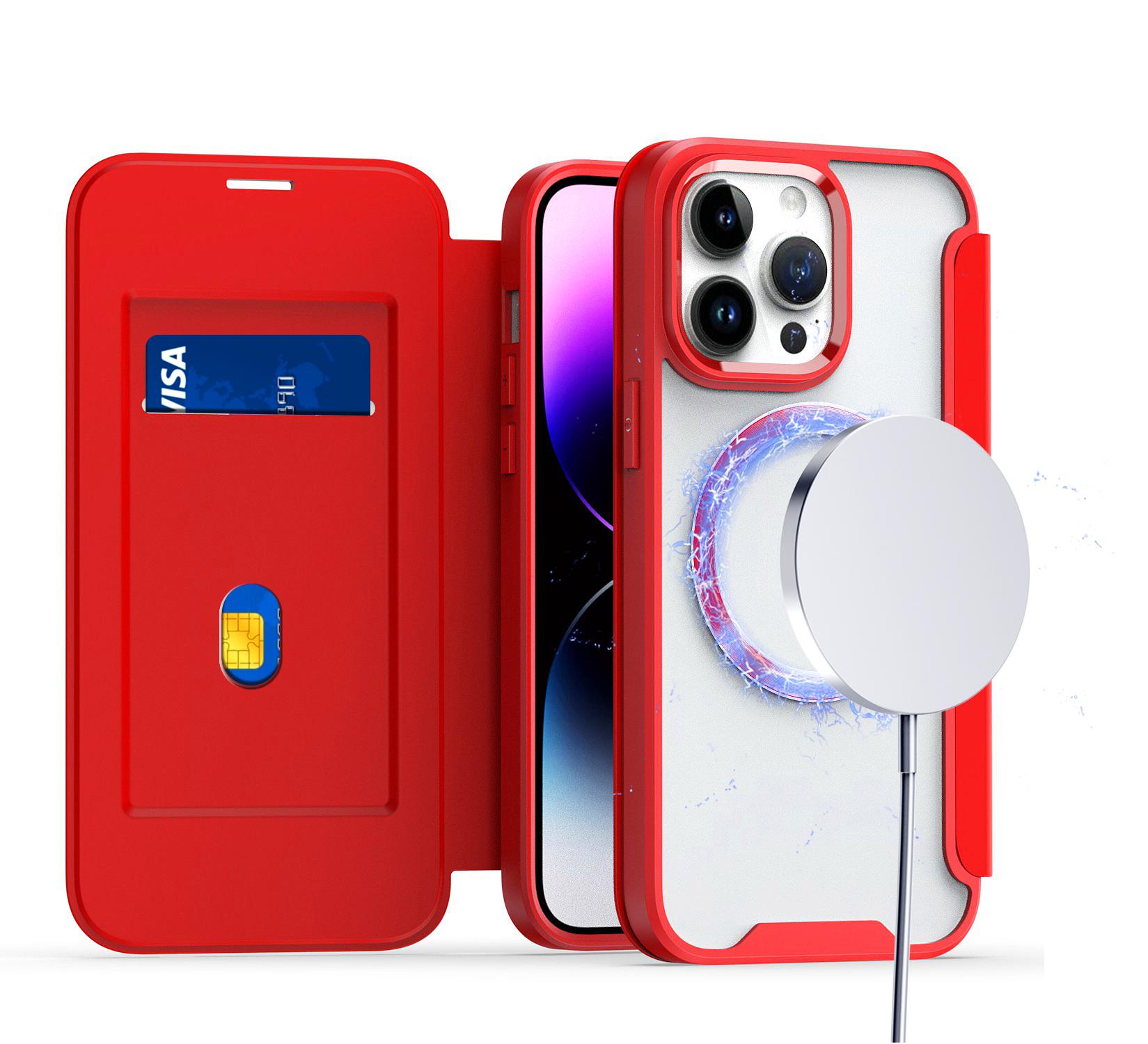 iPhone 15 Flap [Magnetic Circle] Transparent Hybrid - Red