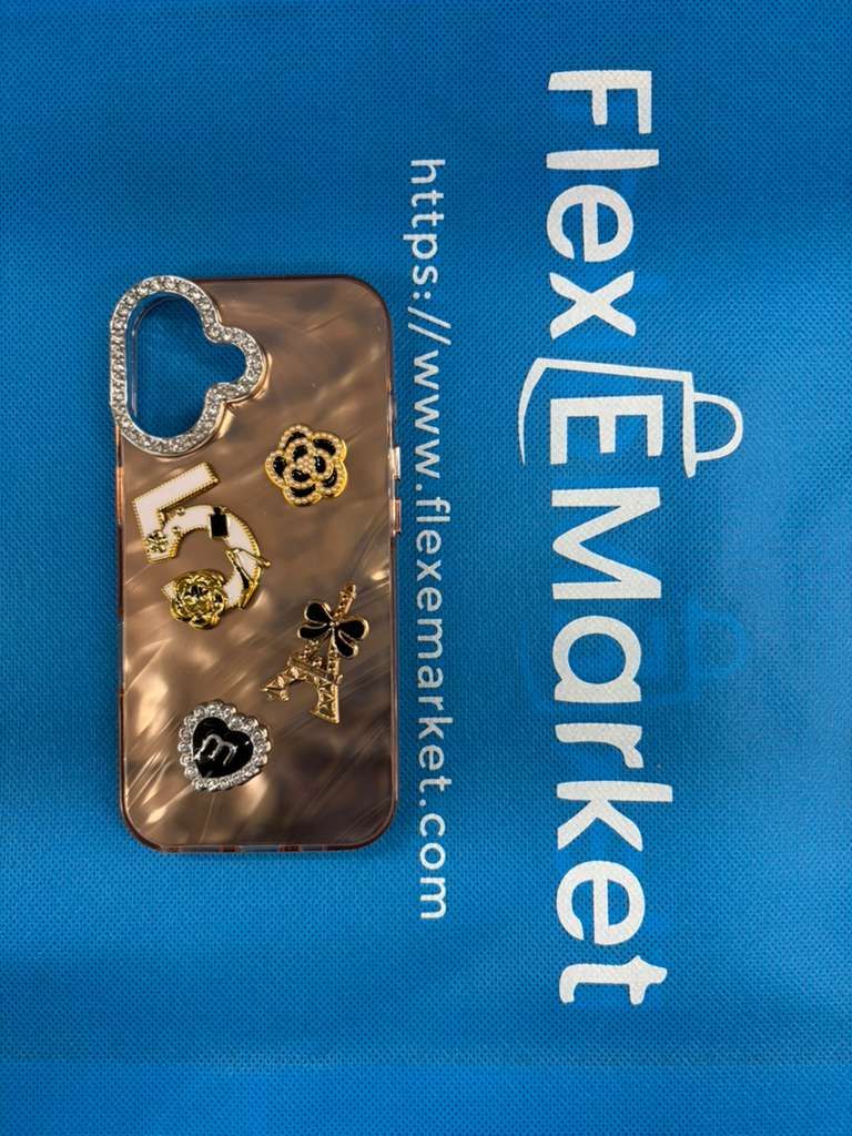 iPhone 17 Decorative Marbled Case with Gold & Rhinestone Charms