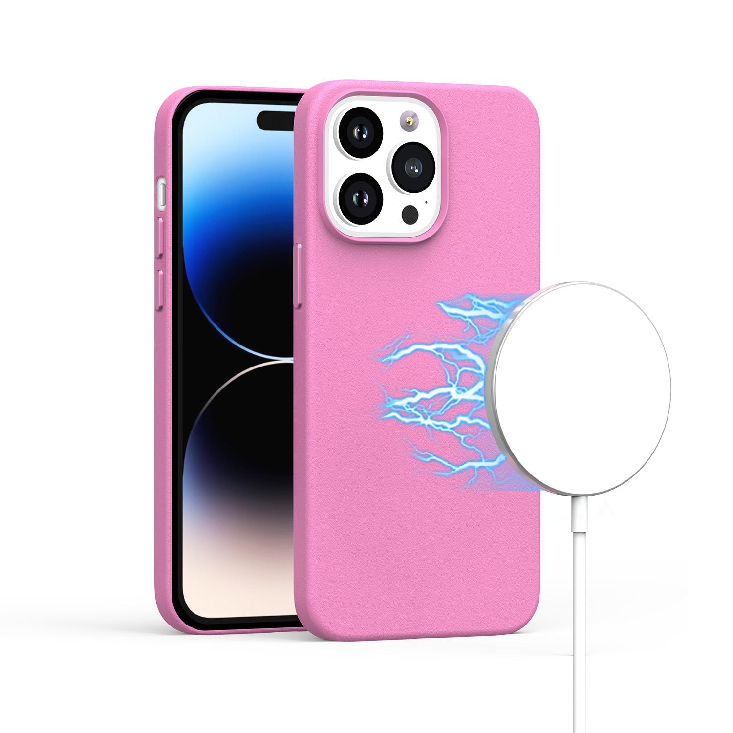 iPhone 15 PU Leather with inner [Magnetic Circle] Colored Metal Buttons - Rose Pink