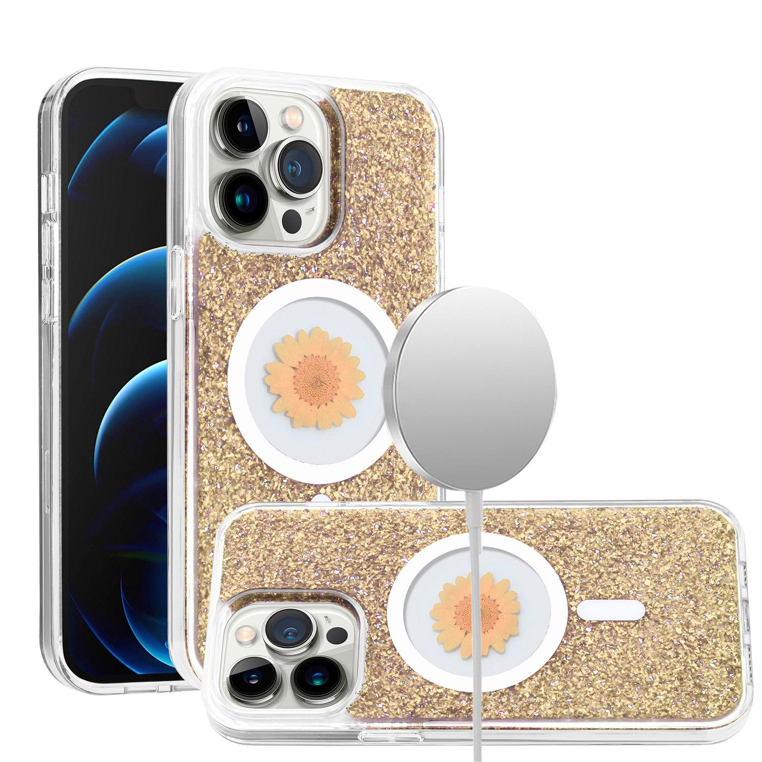 iPhone 15 Pro Real Flower Epoxy Glitter Hybrid Case – Magnetic Ring Circle Design