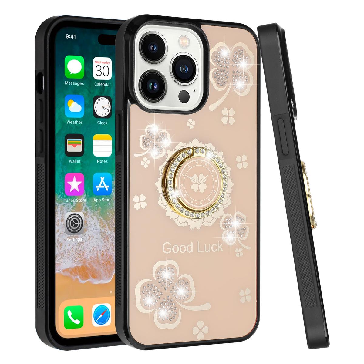 iPhone 15 SPLENDID Diamond Glitter Ornaments Engraving Case Cover - Good Luck Floral Gold