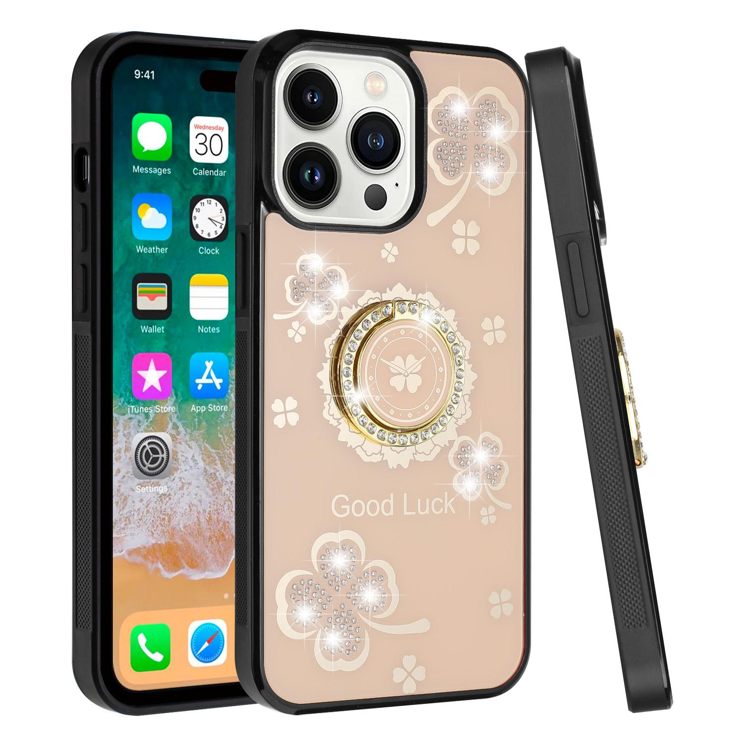 iPhone 15 SPLENDID Diamond Glitter Ornaments Engraving Case Cover - Good Luck Floral Gold