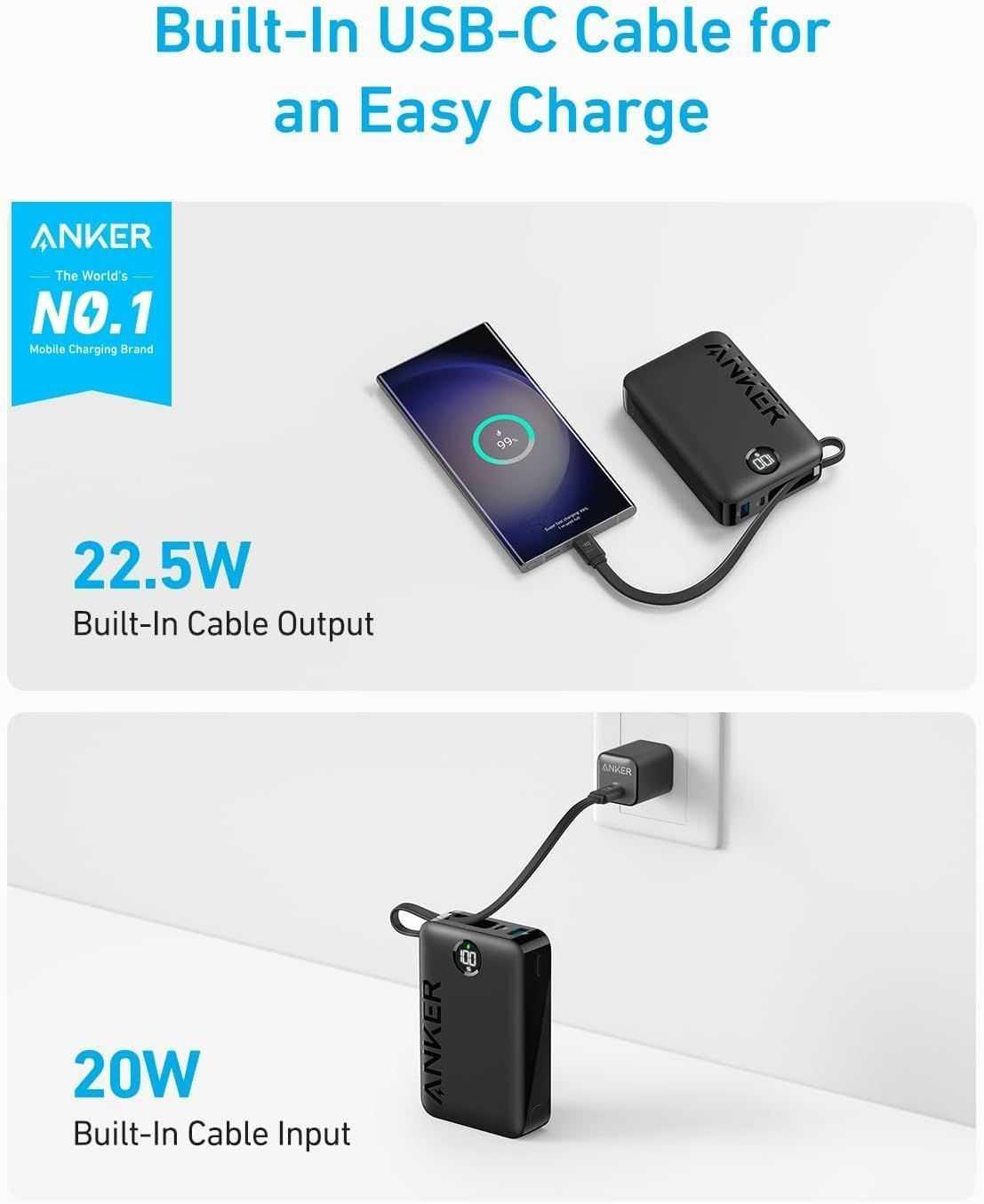 Anker Power Bank Battery Pack, 20,000mAh 22.5W High Speed Charging Portable Charger with Built-in USB C Cable, 1 USB-C, 1 USB-A, for iPhone 15/15 Plus/15 Pro/15 Pro Max, MacBook, Galaxy, photo 2 of 3