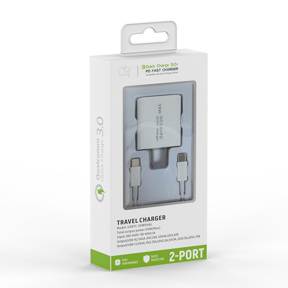 2-IN-1 35W PD Fast Type C&USB Dual Ports Wall Charger+Type C to Type C Cable Cord in White, photo 2 of 2