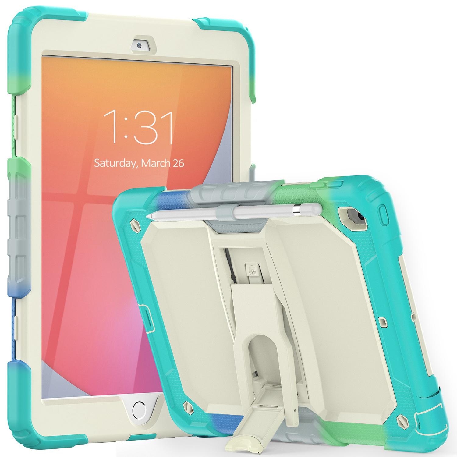 Apple iPad 9th Gen 10.2 inch (2021) Heavy Duty Full Body Rugged Tablet Kickstand Case Cover - Beige/Camo Mint