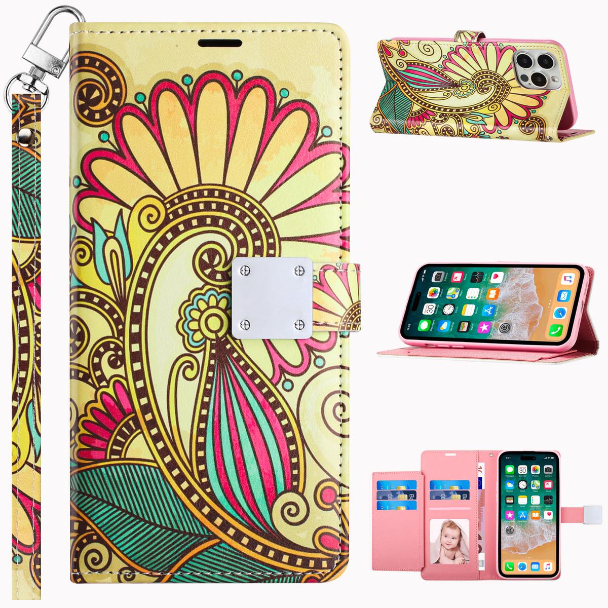 iPhone 15 Design Wallet ID Credit Card Money Holder with Magnetic Metal Closure including Lanyard - Antique Flower