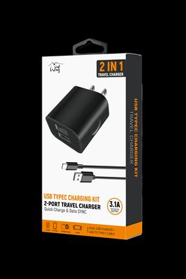 2-IN-1 3.1A Fast Dual USB Wall Charger+ Tpye C Charging Cable Cord for Samsung Note10 S8 S9 S10 in Black