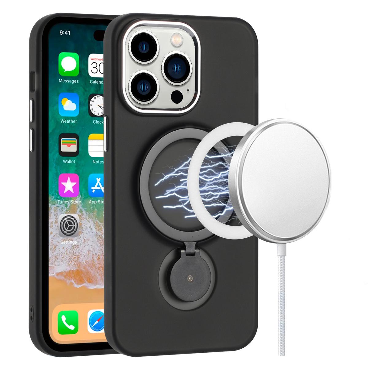 iPhone 15 Hoop Kickstand [Magnetic Circle] HD Transparent Chrome Hybrid - Black