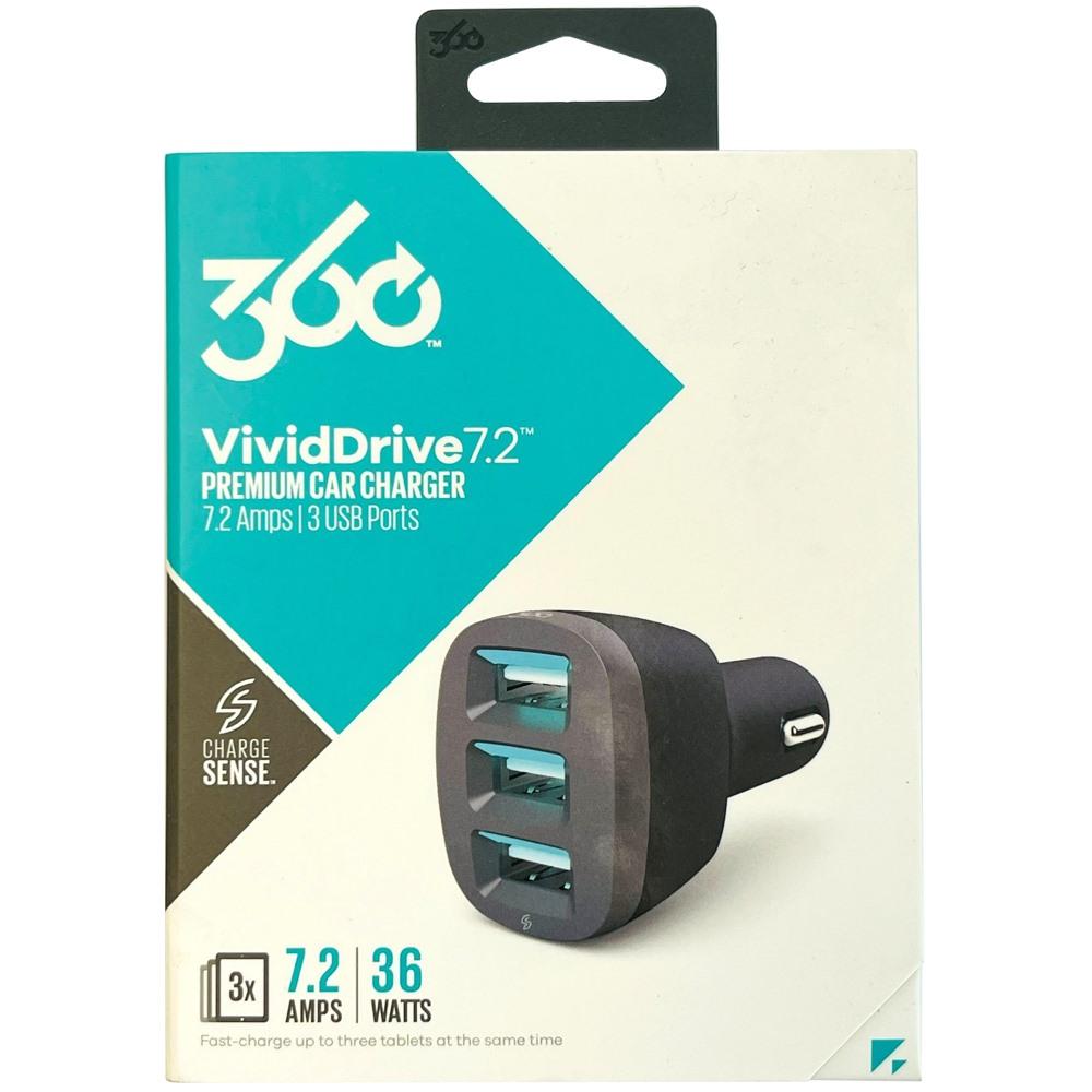 360 Vividdrive 7.2 AMPS 3 USB PORTS PREMIUM CAR CHARGER - BLACK