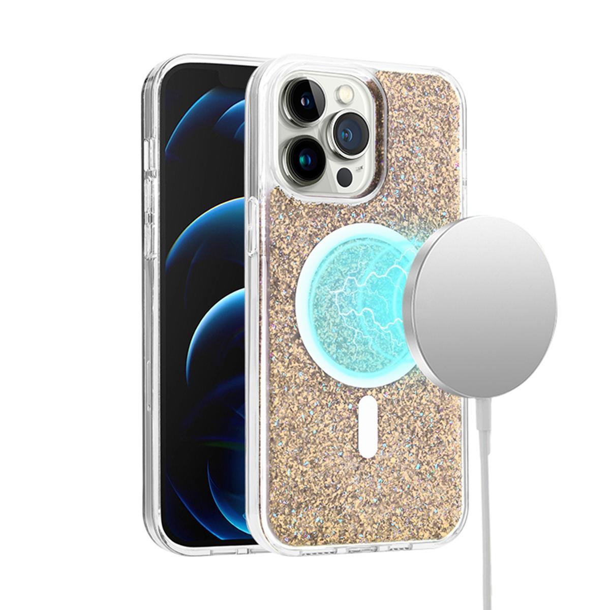 iPhone 15 Epoxy Glitter [Magnetic Circle] ShockProof Hybrid 2.5mm Thick - Gold