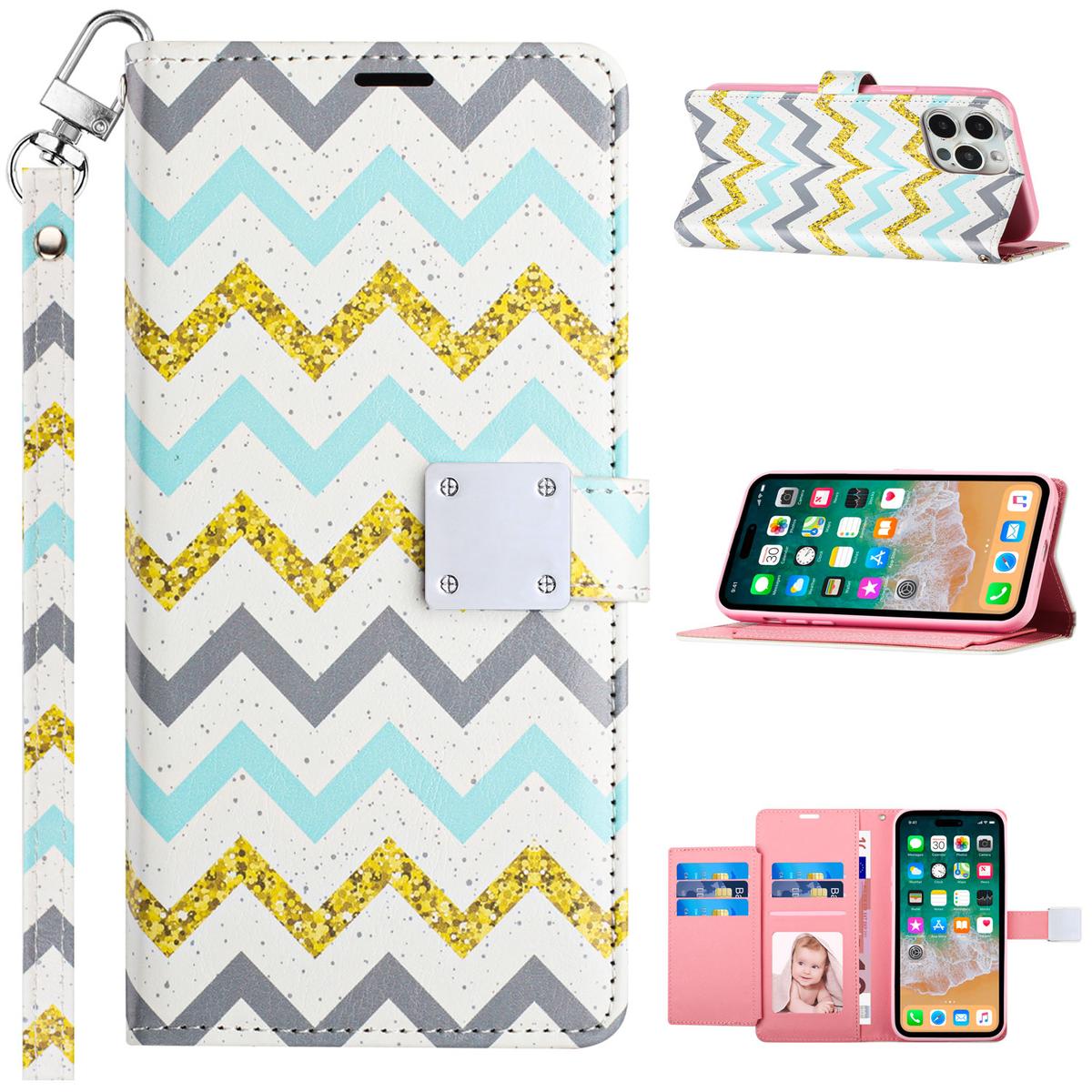 iPhone 15 Design Wallet ID Credit Card Money Holder with Magnetic Metal Closure including Lanyard - Zigzag