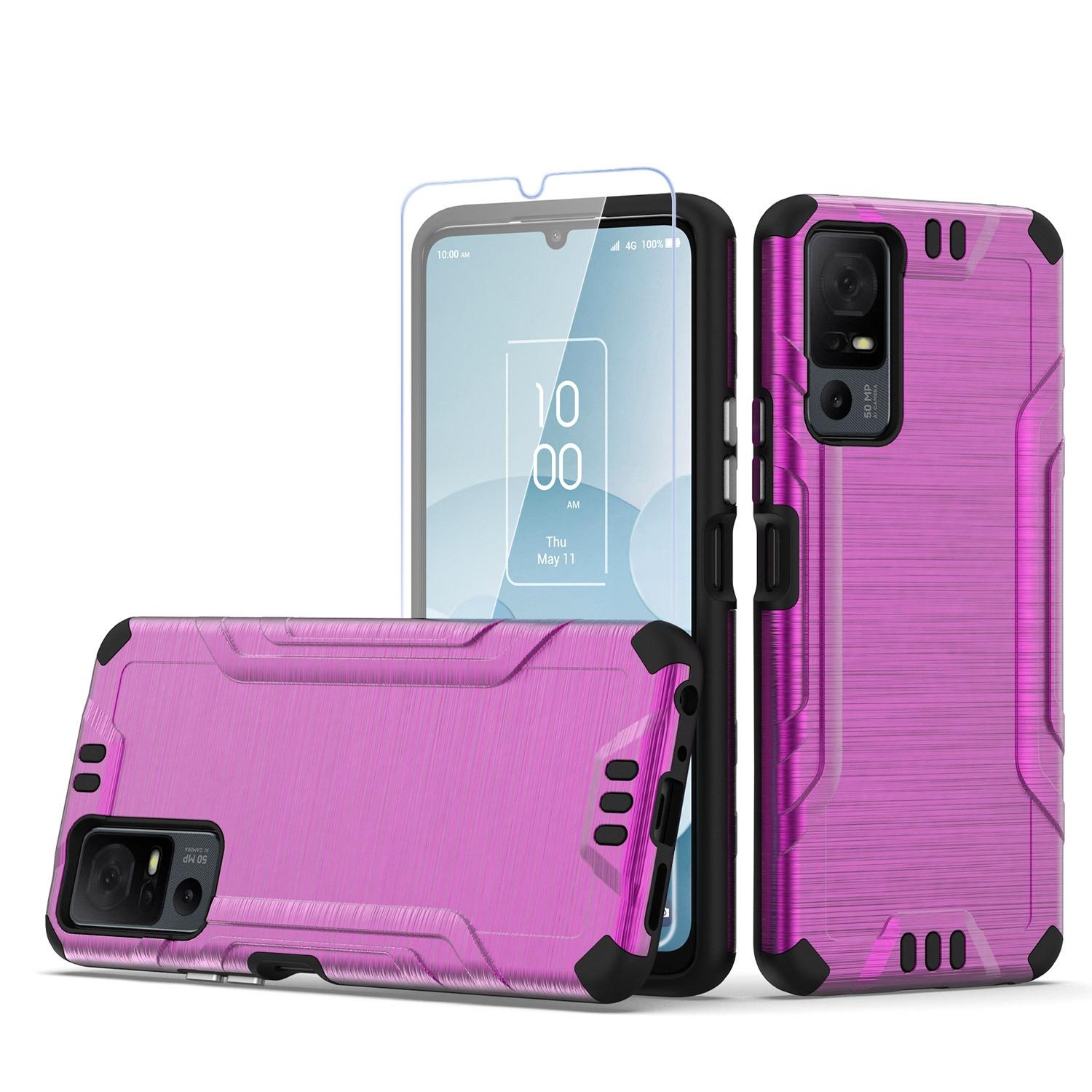 TCL 40 XL Strong Tough Metallic Hybrid Case with Tempered Glass - Hot Pink