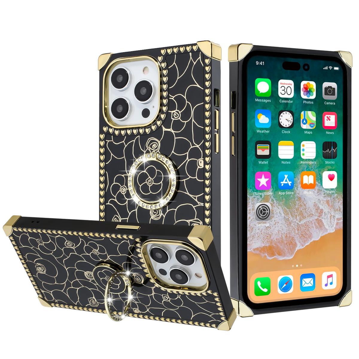 iPhone 15 SQUARE Passion Glitter Diamond Ring Stand Case Cover - Heart DesignÂ Black