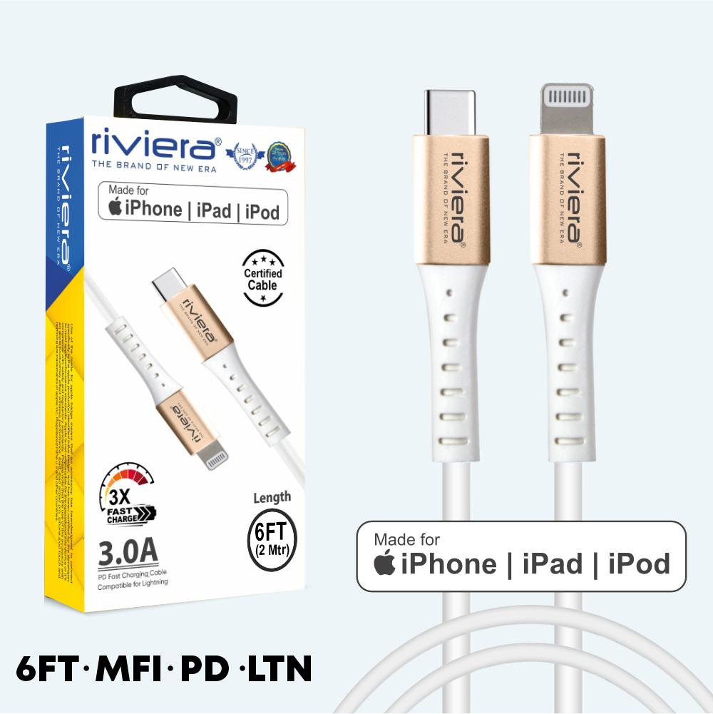 [Type C (PD) - iPhone Lightning - MFI] - 3 AMP Fast Charging Cable - RIVIERA - White