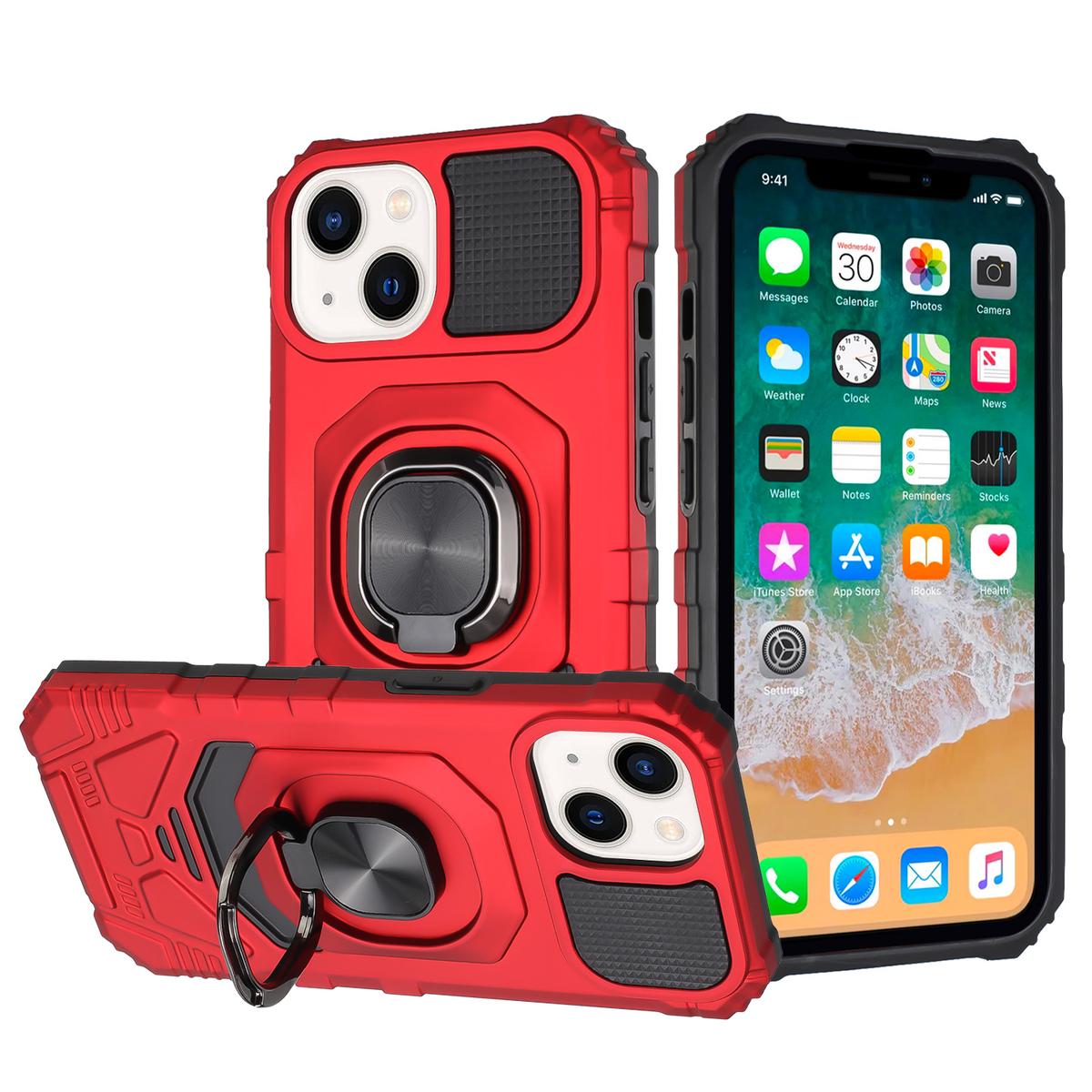 iPhone 15 Robotic Hybrid with Magnetic Ring Stand Case Cover - Red