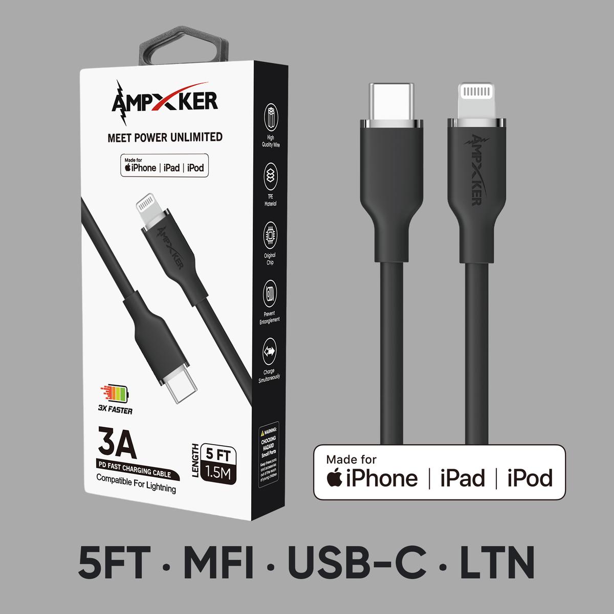 5 FT [TypeC - LIGHTNING] - MFI Apple Certified - 3A Fast Charging Silicone Cable - Black