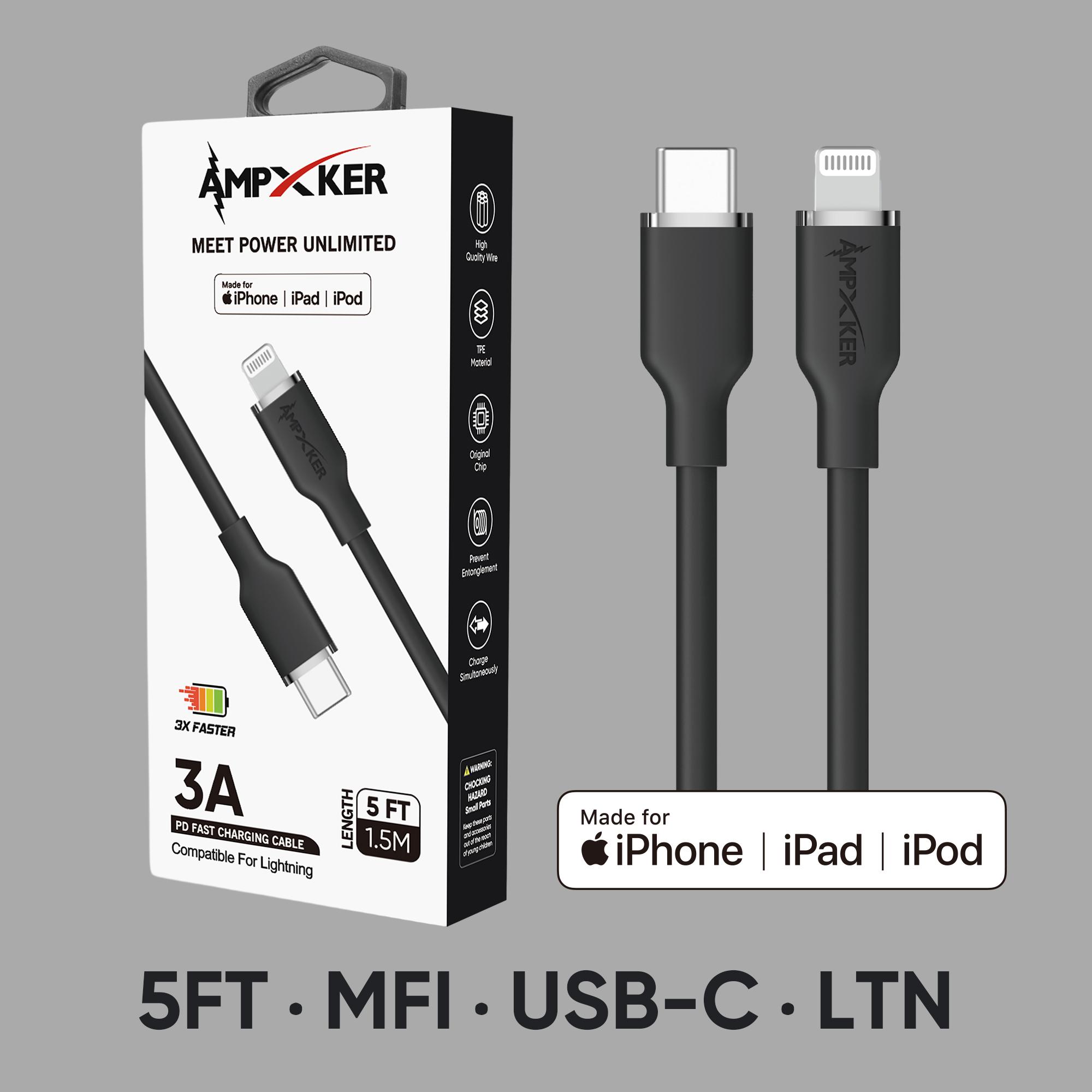 5 FT [TypeC - LIGHTNING] - MFI Apple Certified - 3A Fast Charging Silicone Cable - Black