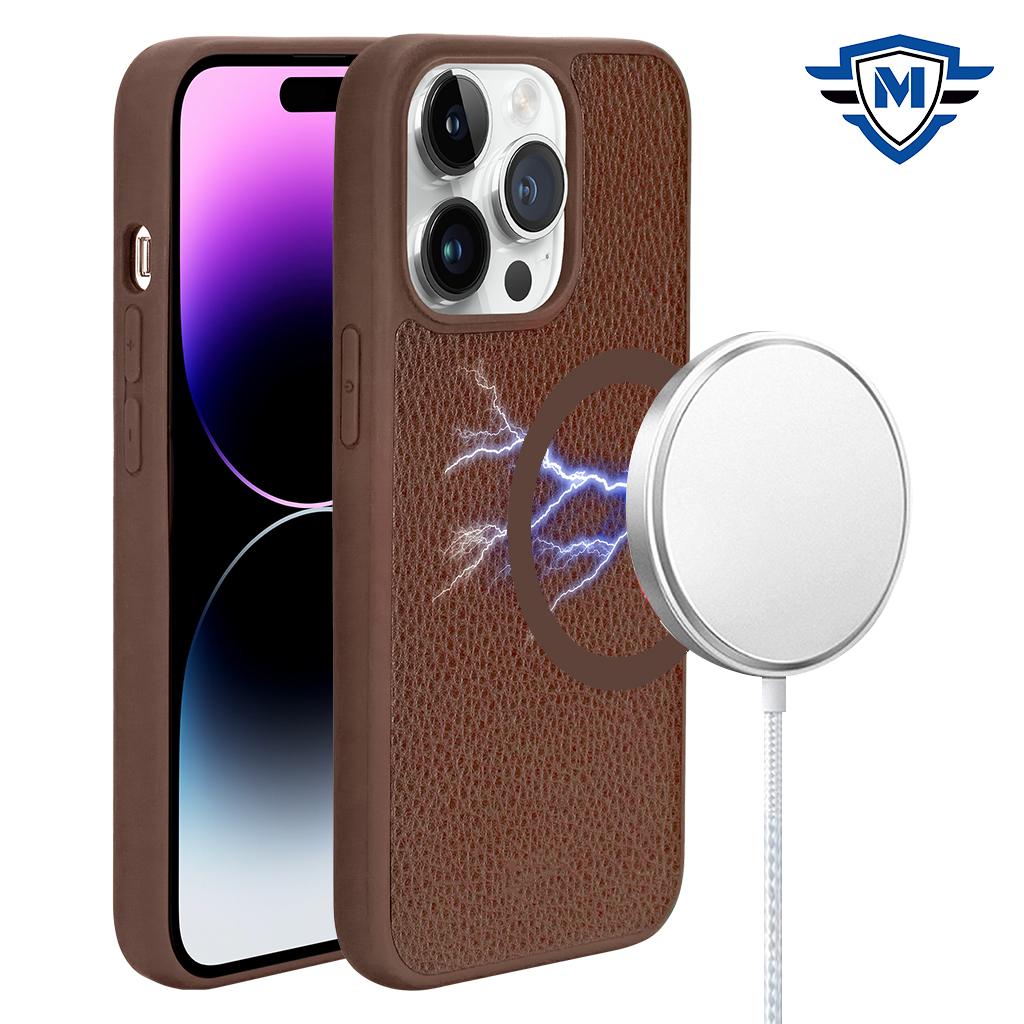 iPhone 15 METKASE Chrome Lined Pattern [Magnetic Circle] Premium Case - Brown