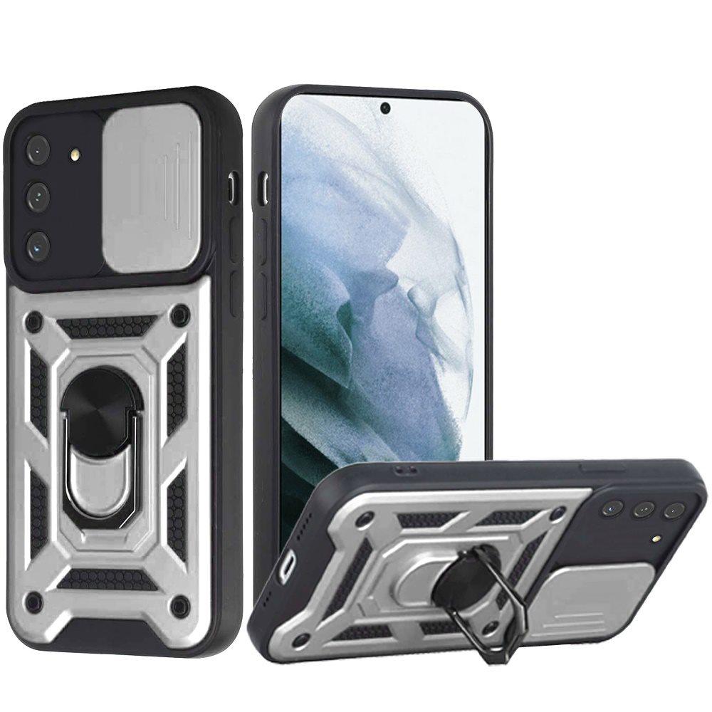 Samsung Galaxy S21 FEELITE Camera Push Magnetic Ring Stand Hybrid Case Cover - Silver