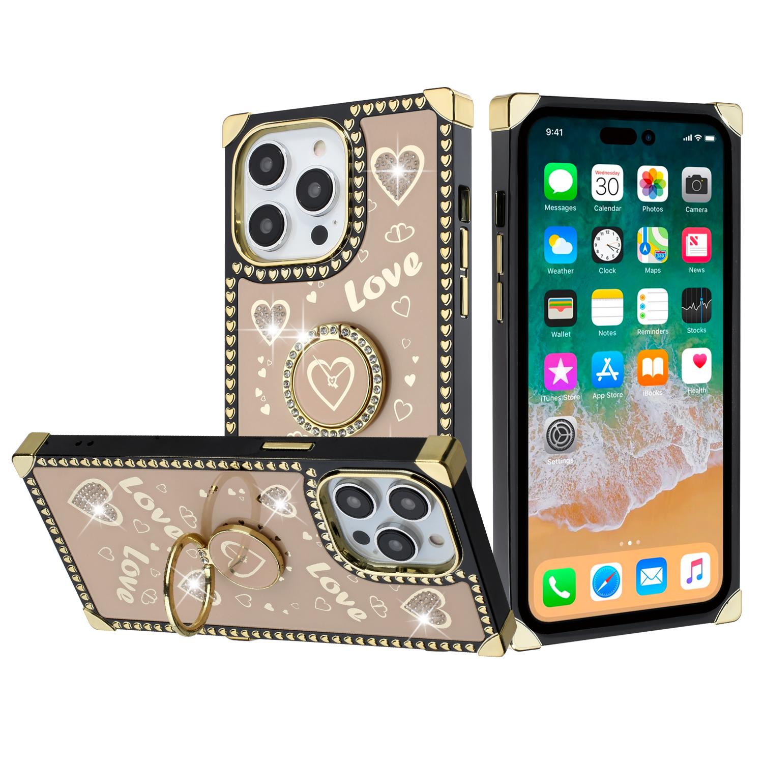 iPhone 15 Square Passion Hearts Bling Glitter Love Design Ring Stand Case Cover - Gold