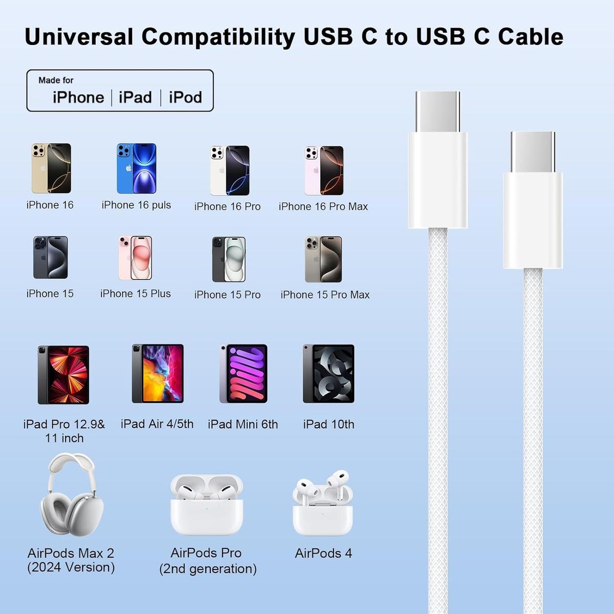 iPhone 16 Charger Fast Charging, 20W Type C Fast Charger Block with 6FT Woven USB C to C Charging Cable Compatible for iPhone 16/16 Plus/16 Pro/16 Pro Max/15/15 Plus/15 Pro/15 Pro Max, photo 5 of 5