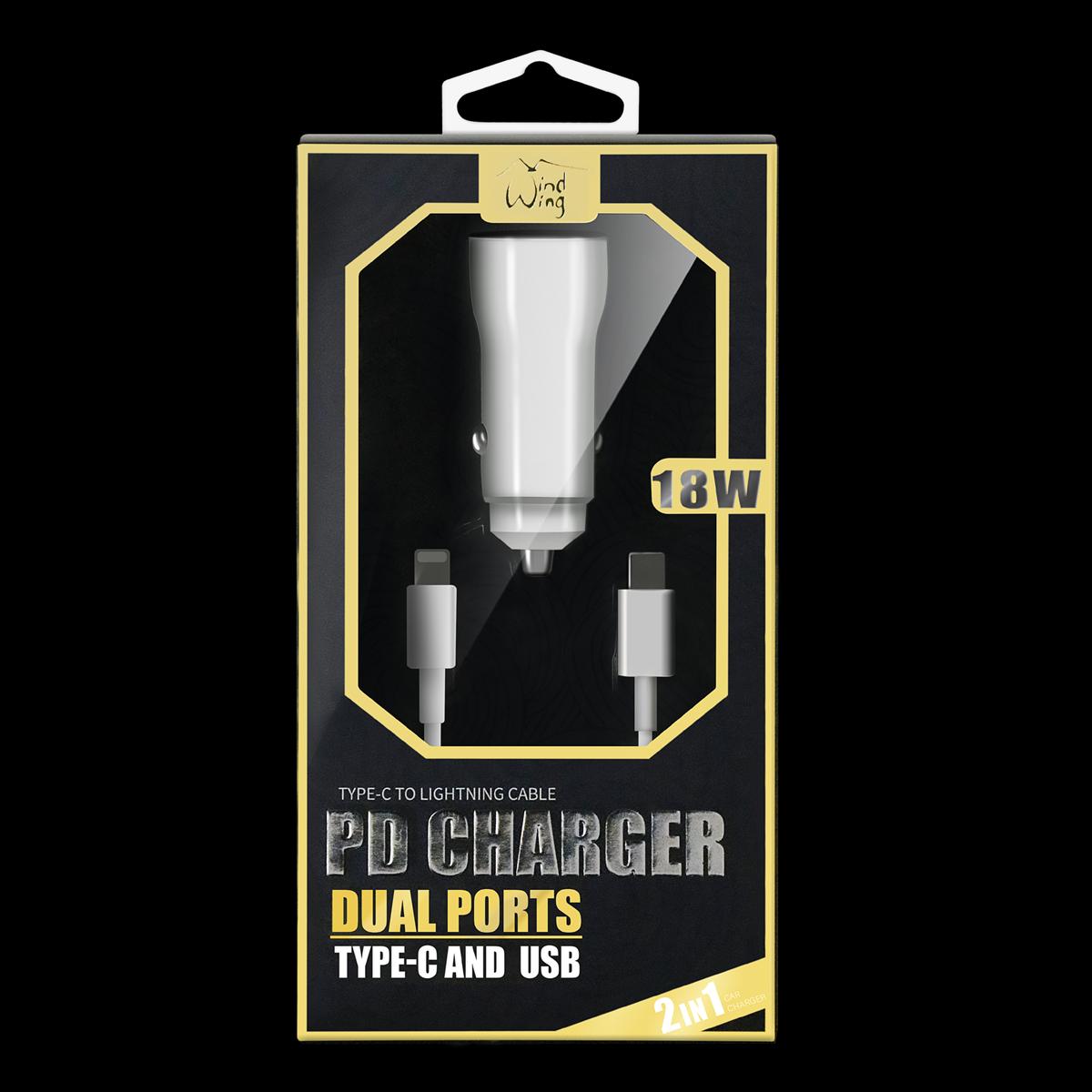 2-IN-1 18W PD Fast Type C&USB Dual Ports Car Charger+Type C to 8 pin Cable in White, photo 5 of 5