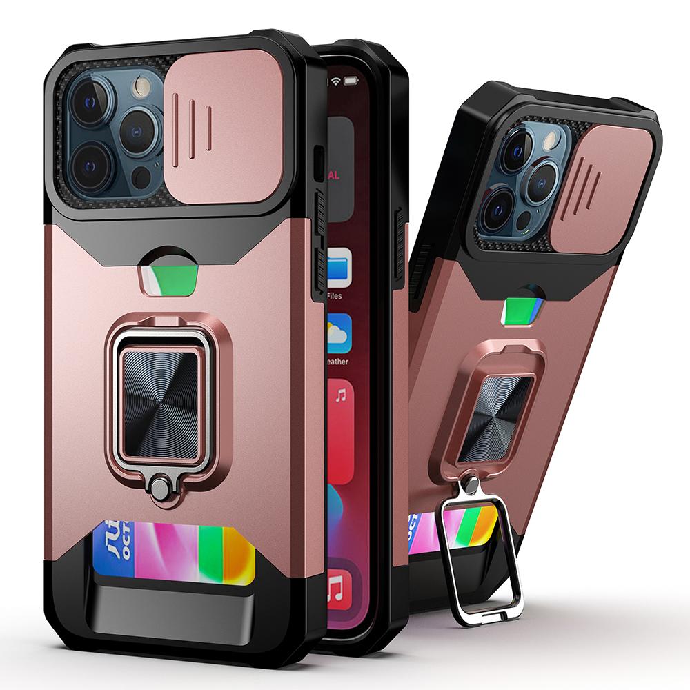 iPhone 15 Multi-Functional Card Holder Hybrid Case with Magnetic Ring Stand & Camera Protection
