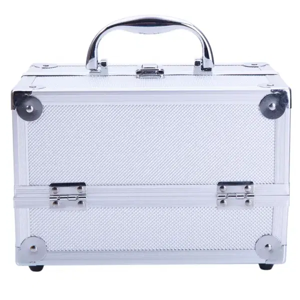 Aluminum Makeup Train Case with Mirror and Fold-Out Trays, 9 Inch, Silver