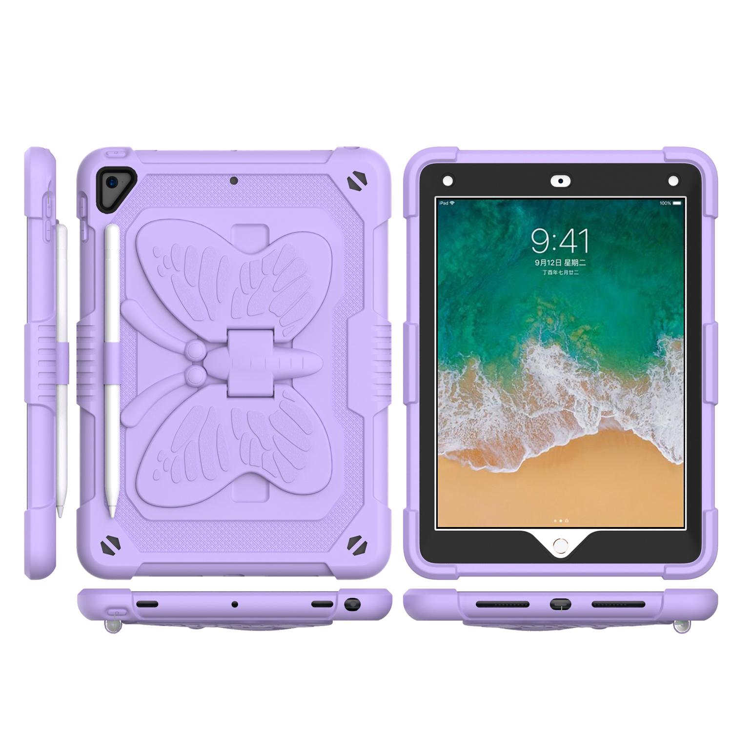 Apple New iPad 9.7 inch Butterfly Kickstand 3in1 Tough Hybrid Case Cover with Shoulder Strap - Light Purple