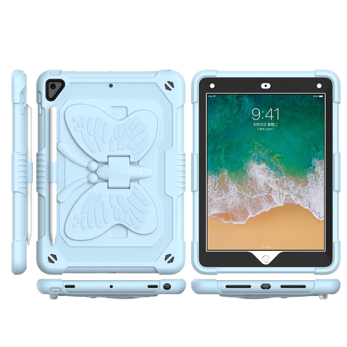 Apple New iPad 9.7 inch Butterfly Kickstand 3in1 Tough Hybrid Case Cover with Shoulder Strap - Light Blue