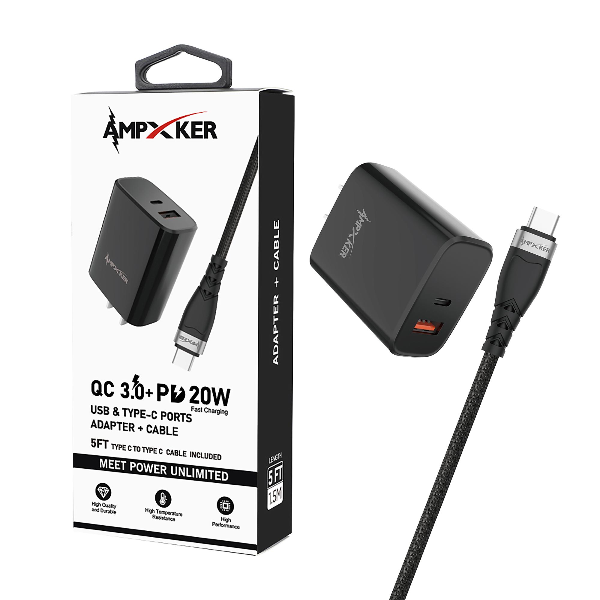 COMBO - USB & Type C - Dual Port - Adapter + 5FT Cable - Black