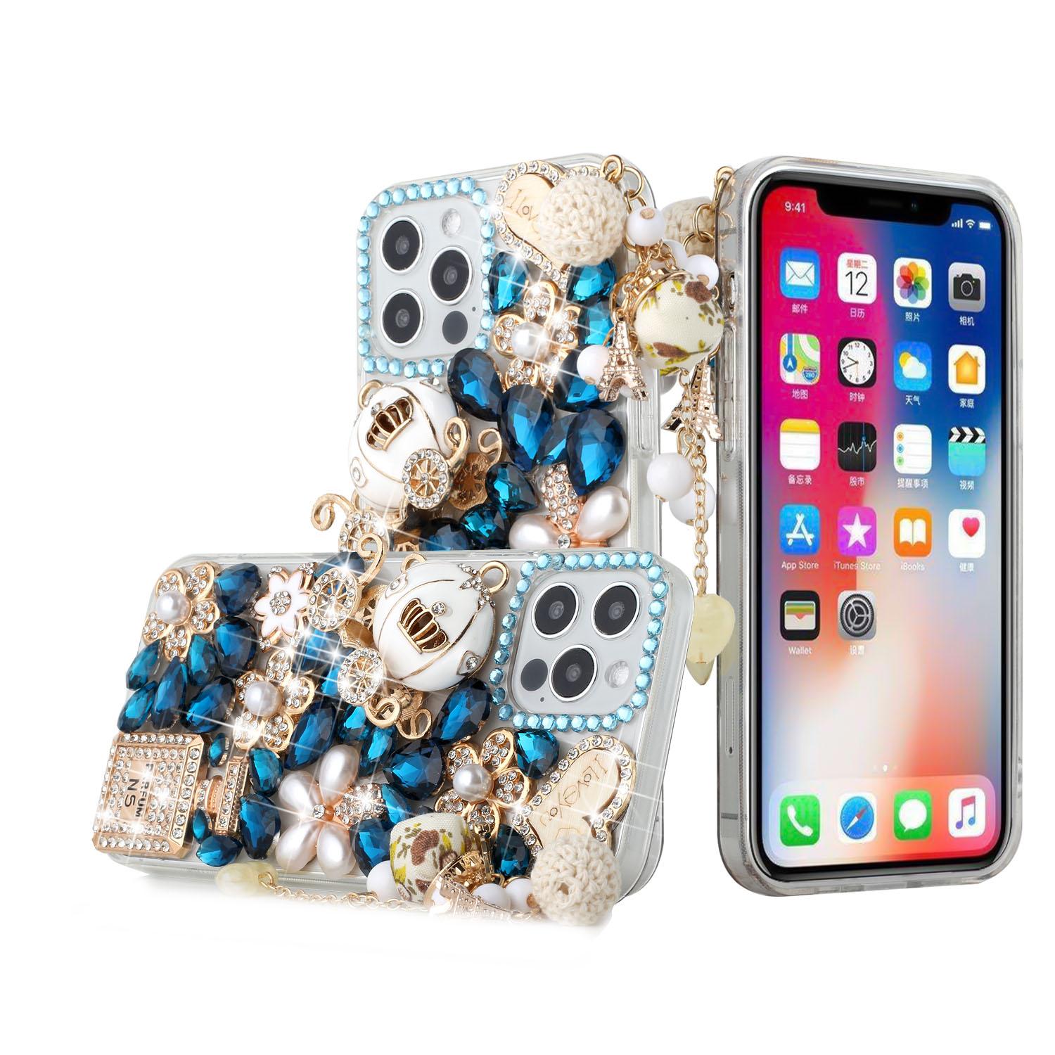 iPhone 15 Full Diamond with Ornaments Case Cover - Ultimate Multi Ornament Blue