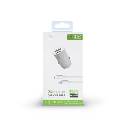35W Fast Car charger 2 in 1 with Dual ports, C to 8 Pin cable in white
